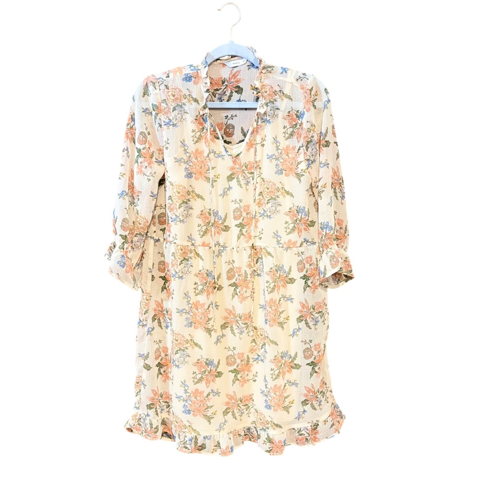 ONLY Pigalle Floral Ruffle Mini Dress Peach Blue Cream Tiered Smock V-Neck SZ 34